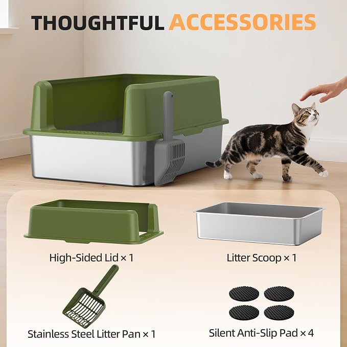 WoofiGo Enclosed Stainless Steel Cat Litter Box with Lid, XL Extra Large Litter Box for Big Cats, Metal Litter Pan High Sided, Never Absorbs Odors, Anti-Urine Leakage, Include Scoop (65-Green)