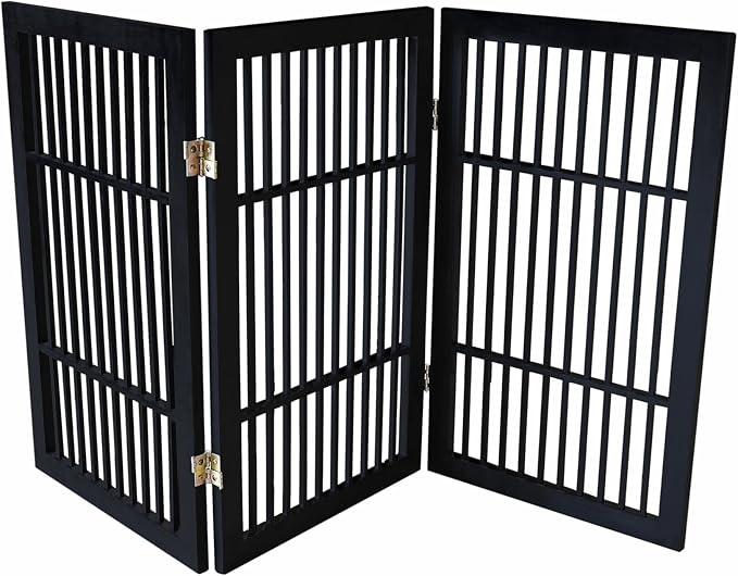 Urnporium Pet Dog Gate Freestanding, Strong Durable Folding Wooden Fence, Portable Acacia Hardwood Safety Barrier for Indoor & Outdoor Use (Black Pet Gate, 3 Panel 30" Tall)
