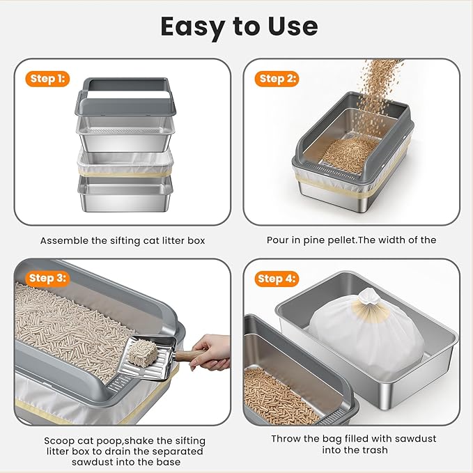 All Stainless Steel Sifting Litter Box with Lid,Metal Sifting Cat Litter Box for Pine Pellets,High Sides Sifter Litter Pan System for Kittens,Odor Control,Sifting Box Liners and Scoop