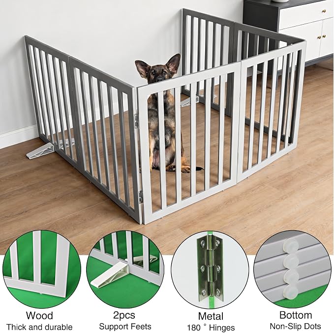 Dog Gate Indoor, Freestanding Dog Fence for The House, Doorways, Hallways,or Stairs,Pet Gate Foldable Wooden,Expandable 32" Height 6 Panels,Grey