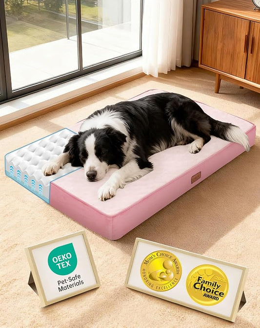 OhGeni Orthopedic Waterproof Dog Bed for Medium Large Dogs, Machine-Washable Removable Cover in Easy-Clean Fabric, Reversible Memory Foam & Easy-Carry Handle, Suitable for Crate, 35 inch (Pink)
