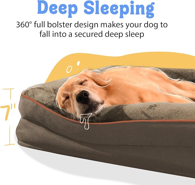 Chez Paw Orthopedic Dog Bed for Medium & Large Dogs, Waterproof Egg-Crate Foam Dog Bed with Removable Washable Cover, 4-Sided Bolster Support & Non-Slip Bottom,Coffee 36"x27"x7"