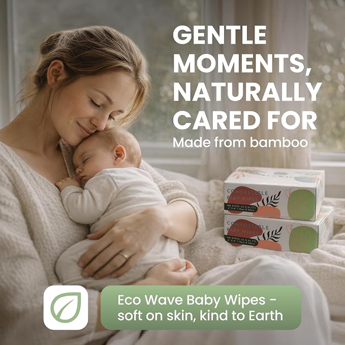 Eco Wave Baby Wipes, 100% Compostable Eco-Friendly Bamboo Wipes, Unscented, Hypoallergenic, Vegan, Alcohol-Free, Suitable For Sensitive Skin (Pack of 12)
