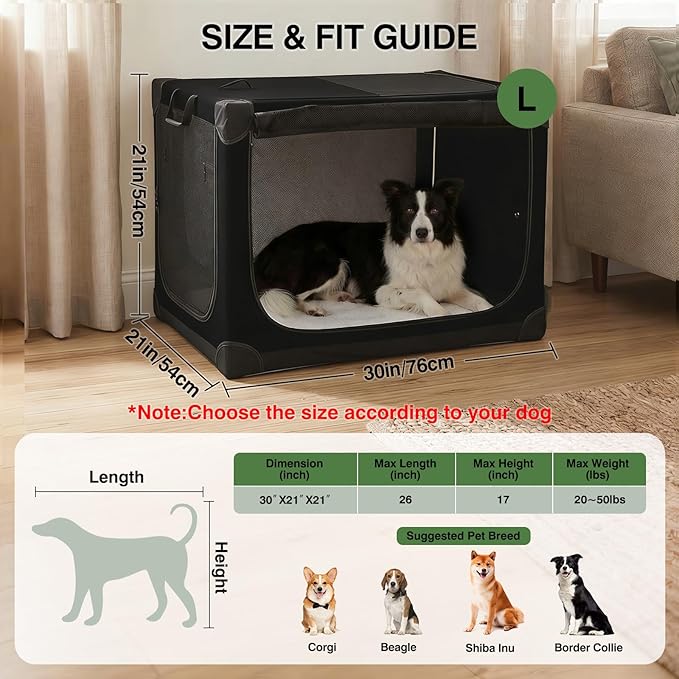 Veraste 30" L x 21" W x 21" H Collapsible Travel Dog Crate, Portable Soft Dog Kennel for Medium Dogs up to 45 lbs, 4-Door Foldable Travel Crate with Durable Mesh & Storage Bag, Black
