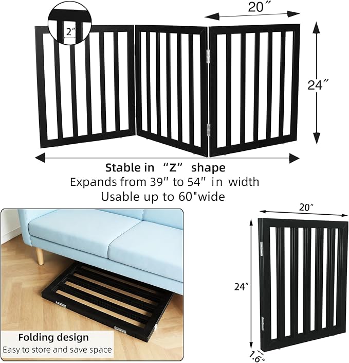 Dog Gate Indoor, Freestanding Dog Fence for The House, Doorways, Hallways,or Stairs,Pet Gate Foldable Wooden,Expandable 24" Height 3 Panels,Black
