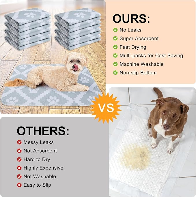 BEAUTYZOO Washable Pee Pads for Dogs, 8 Pack Reusable Puppy Pads, Super Absorbent Dog Pee Pads for Pet Training, Housebreaking and Incontinence, Non-Slip Potty Pads for Floor, Crate, Couch, 18" x 24"