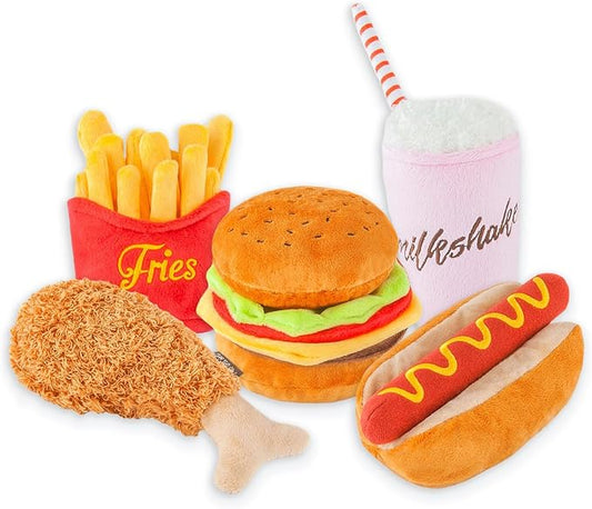 P.L.A.Y. PET LIFESTYLE AND YOU Cute Plush Dog Toys - Fast Food Themed Durable Squeaker Chew Toys for Medium & Large Dogs - Machine Washable, Recycled Materials (5 Piece Set, Medium)