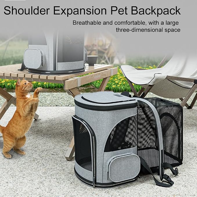 Cat Carrier Backpack, Expandable Pet Carrier with Sun Shade ，Oxford Canvas Material,Breathable Mesh Backpack for Small Dogs, Medium Cats, for Traveling, Hiking, Camping (Grey)