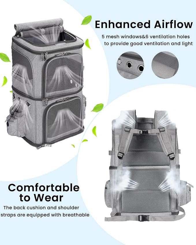 HOVONO Double-Compartment Pet Carrier Backpack for Small Cats and Dogs, Cat Travel Carrier for 2 Cats, Perfect for Traveling/Hiking/Camping, Grey, XL