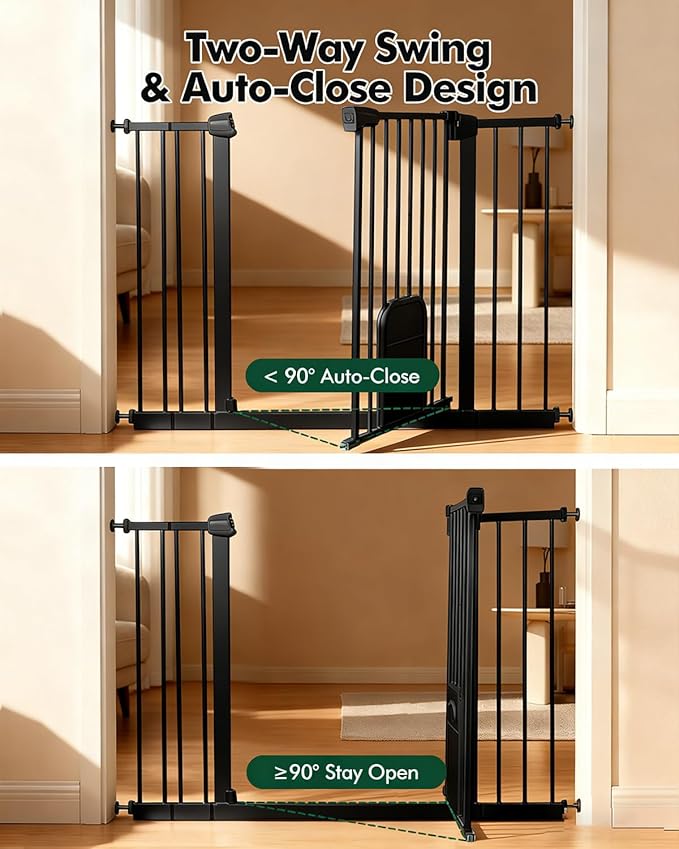 Pet Gate with Adjustable Cat Door, 31–46 Inch Pressure Mounted Dog Gate for Doorways, Stairs and Hallways, Auto Close Walk Through Metal Gate, No Drilling, Black