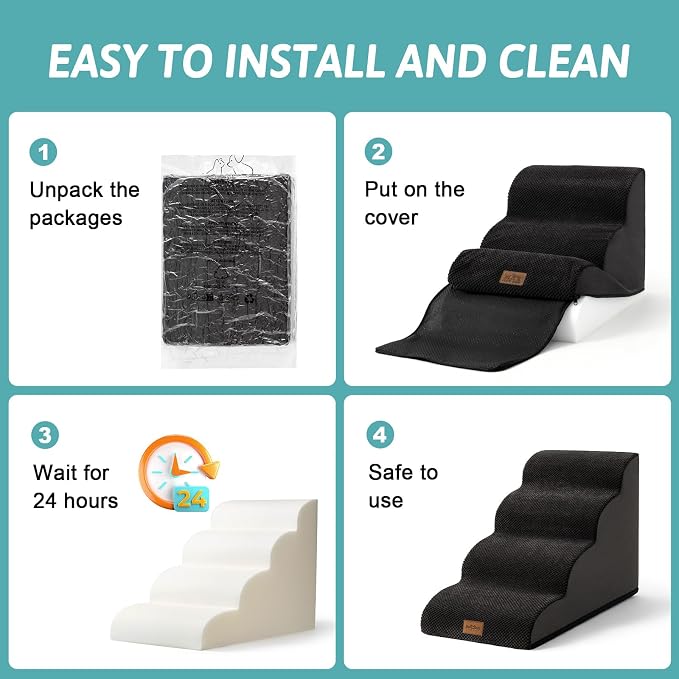 COZY KISS Wide Dog Stairs for Small Dog 15.7" H, Pet Step for Puppy, Older Cat, Curved Ramp for Couch, Durable Anti-Slip Ladder with High Density Foam, 3 Step, 17.7x22.4x15.7 inch, Black
