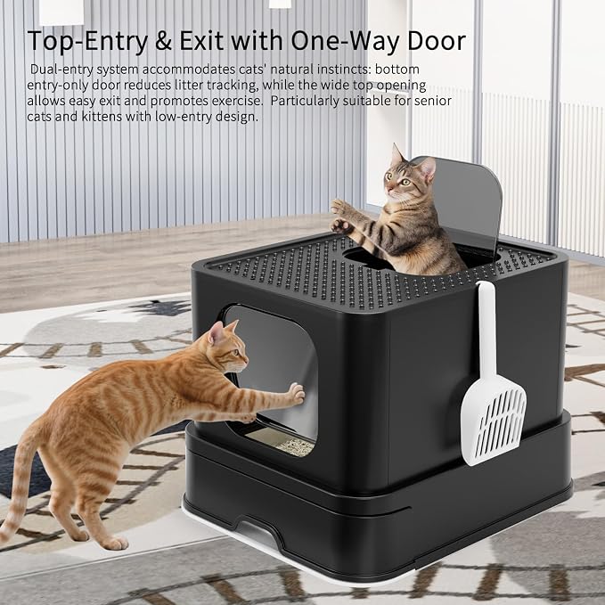 RIZZARI Stainless Steel Cat Box: All Black Large Capacity Enclosed Litter Pan with High Walls - Non-Stick Teflon Coating & Leak-Proof Drawer - Odor Control - Perfect for Living Room Balcony