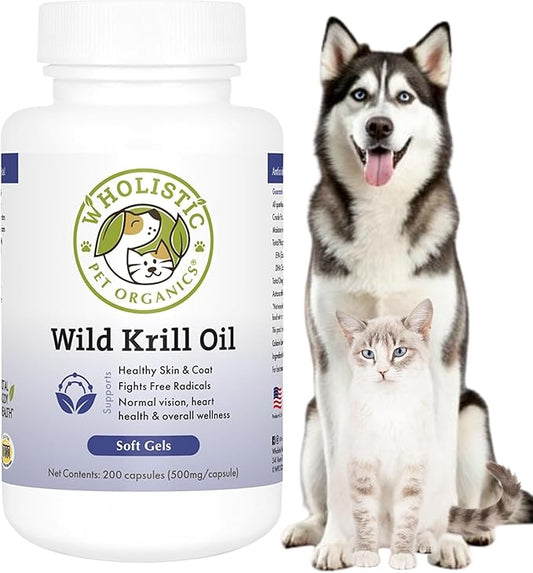 Wholistic Pet Organics Krill Oil for Dogs and Cats - Premium Antioxidant Support for Pets - Cat and Dog Skin and Coat Supplement with EPA, DHA, Astaxanthin - Omega 3 for Dogs and Cats - 200 Soft Gels