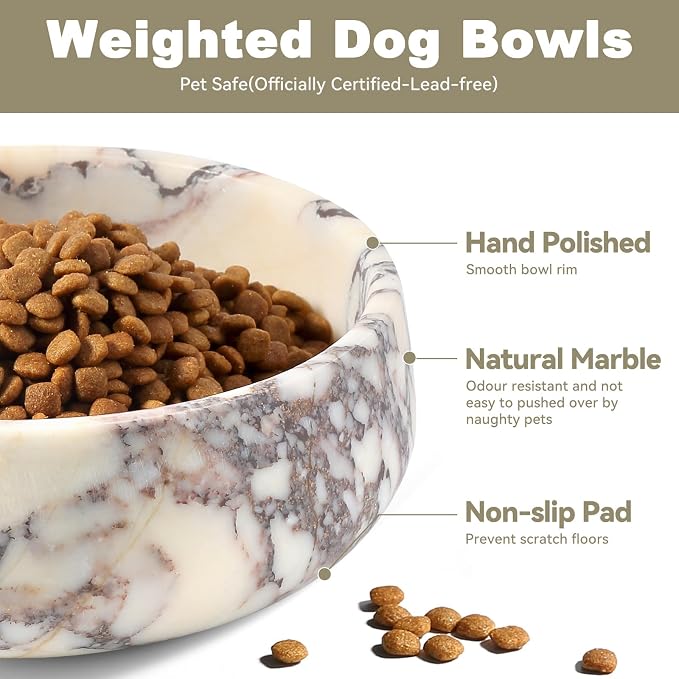 Karibiber Calacatta Marble Dog Bowl, 5lbs Weighted Dog Food Bowl, Non-Slip Large Heavy Water Bowls, Cute Purple Stone Food and Water Dish for Medium Dogs, Natural Marble, Easy to Clean, Holds 4 Cups