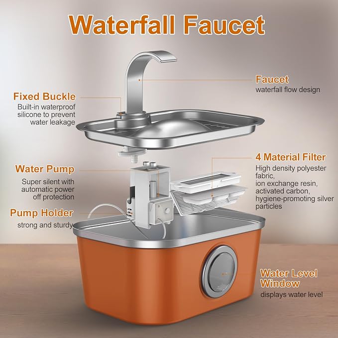 Bobo&Dragon Automatic Stainless Steel Water Fountain for Cat & Dog in Amber Orange 124oz/3.5L Quiet Faucet Flow Water Dispenser, Fresh Filtered Hydration, Easy Clean, Leak-Proof for Indoor Pets