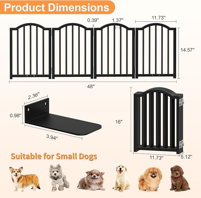 Snughome Short Dog Gate Indoor, 16" High Freestanding Small Dog Door Gate with Support Feet, Expands Up to 48’’ Wide Foldable Pet Gates for Doorway, 4 Panel Folding Pet Door Pet Fence for Puppy, Black
