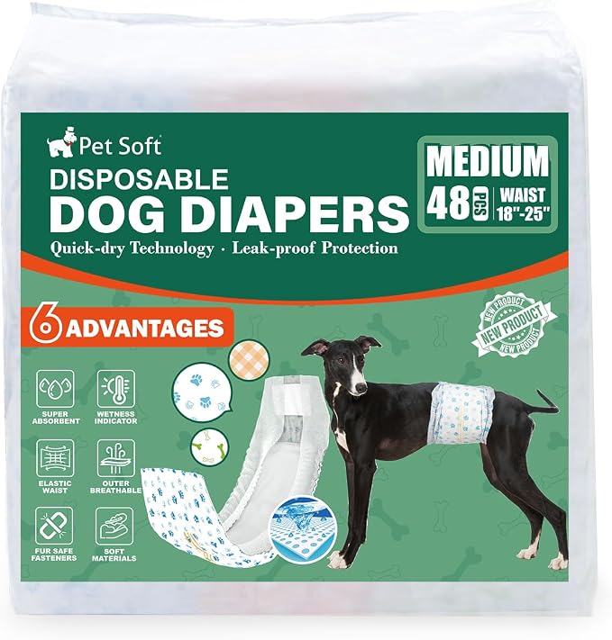 Pet Soft Disposable Dog Dipaers - Male Dog Wraps Wetness Indicator, Ultra Absorbent Puppy Diapers Male for Excitable Urination or Incontinence, 48pcs Medium