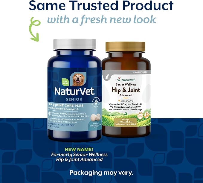 NaturVet Senior Wellness Hip and Joint Plus Omegas Advanced Supplement for Dogs, Chewable Tablets Time Release, Made in the USA, 40 Count