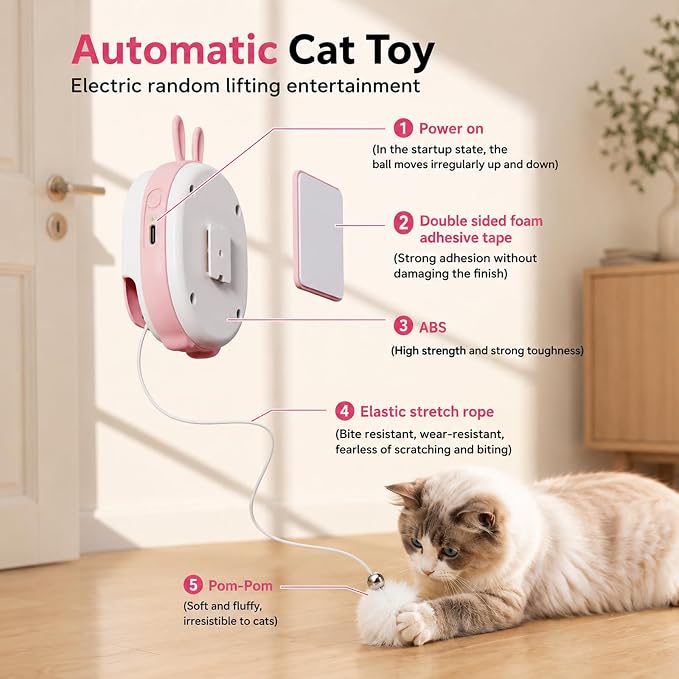 Interactive Cat Toys for Indoor Cats,Automatic Hanging Door Cat Teaser Toy with 6 accessories,2 Modes,Auto Pause & USB Rechargeable Electric Cat Chase Toy,Durable Safe for Bored Adult Kitten-Pink