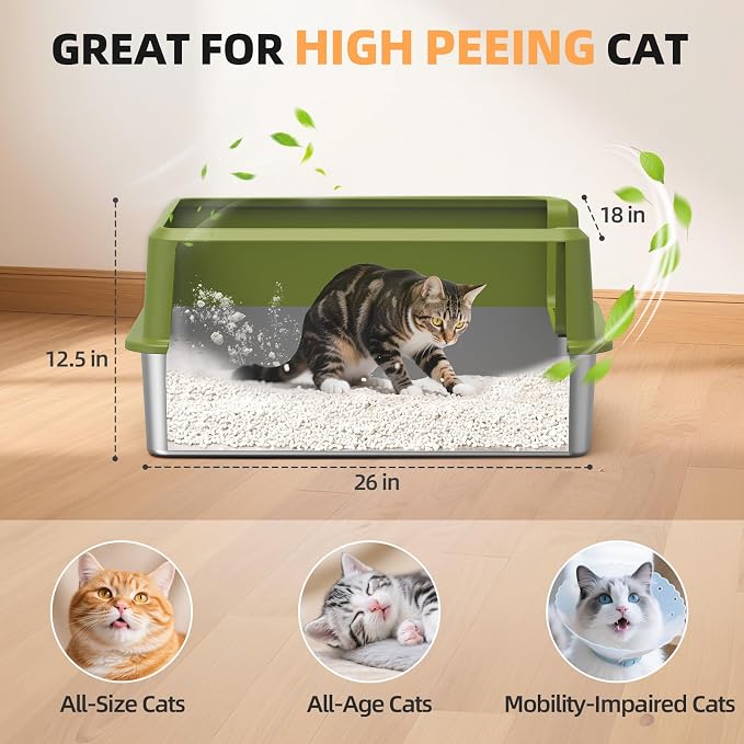 WoofiGo Enclosed Stainless Steel Cat Litter Box with Lid, XL Extra Large Litter Box for Big Cats, Metal Litter Pan High Sided, Never Absorbs Odors, Anti-Urine Leakage, Include Scoop (65-Green)