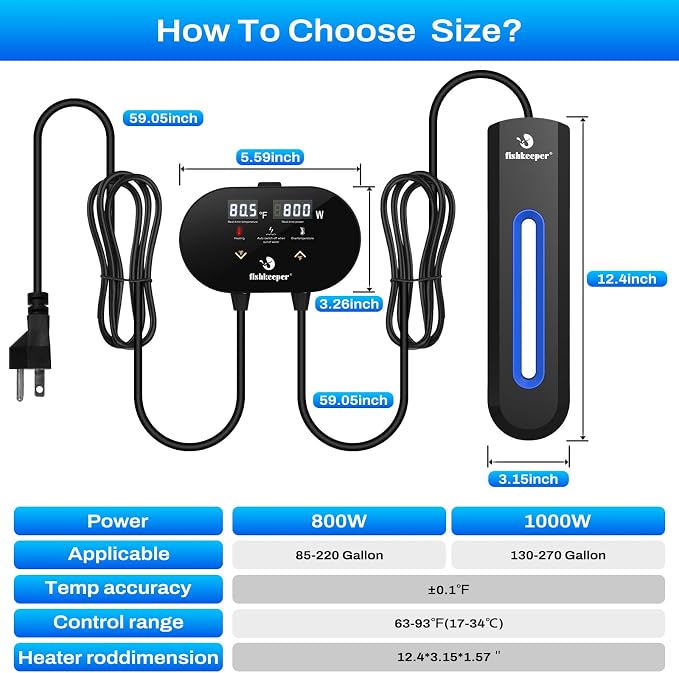 fishkeeper Aquarium Heater with Intelligent LED AlarmTemperature Controller, 800W Submersible Fish Tank Heater for 85-220 Gallon, Leaving Water Automatically Stop Heating, for Freshwater Saltwater