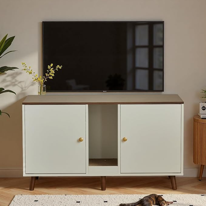 Double Cat Litter Box Enclosure - Hidden Litter Box Cabinet Furniture for 2 Cats Large with Scratching Pad, White