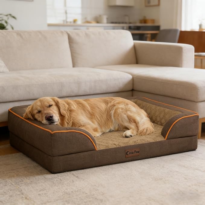 Orthopedic Dog Beds for Extra Large Sized Dogs 48x30 Inch, XL Waterproof Egg Crate Foam Dog Sofa Bed with Removable Washable Cover Big Pet Couch with Bolster & Non-Slip Bottom, Brown