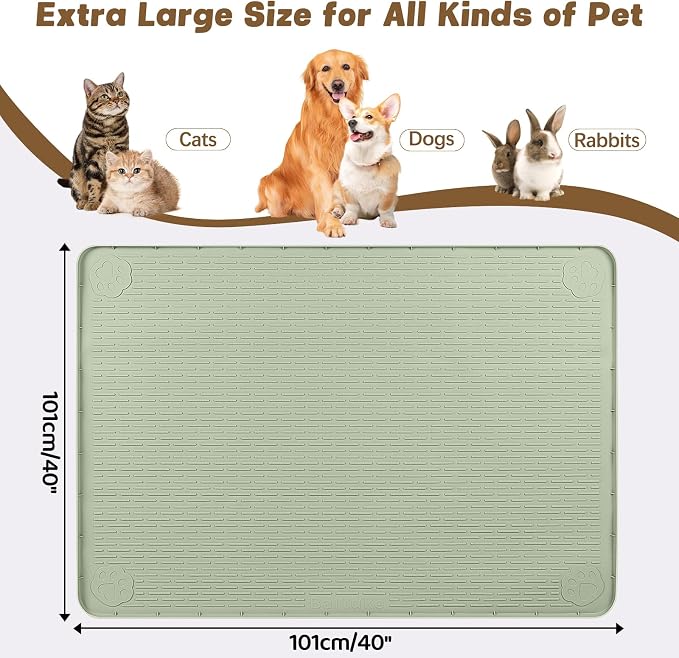 Cat Food Mat, 40" x 40" Extra Large Silicone Pet Feeding Mat with Raised Edge Pet Placemat for Food and Water Bowl Non-Slip, Easy to Clean, Floor Protection (Green)