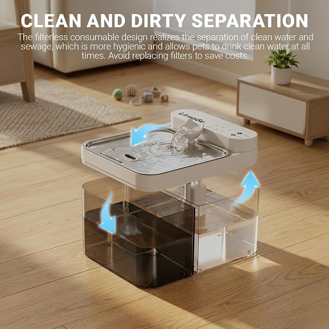 Cat Water Fountain, Filterless Cordless Cat Water Bowl，Not Continuous-Flow Auto-Refill Pet Water Dispenser with Scheduled Water Refresh, Wastewater Separation, Stainless Steel Tray