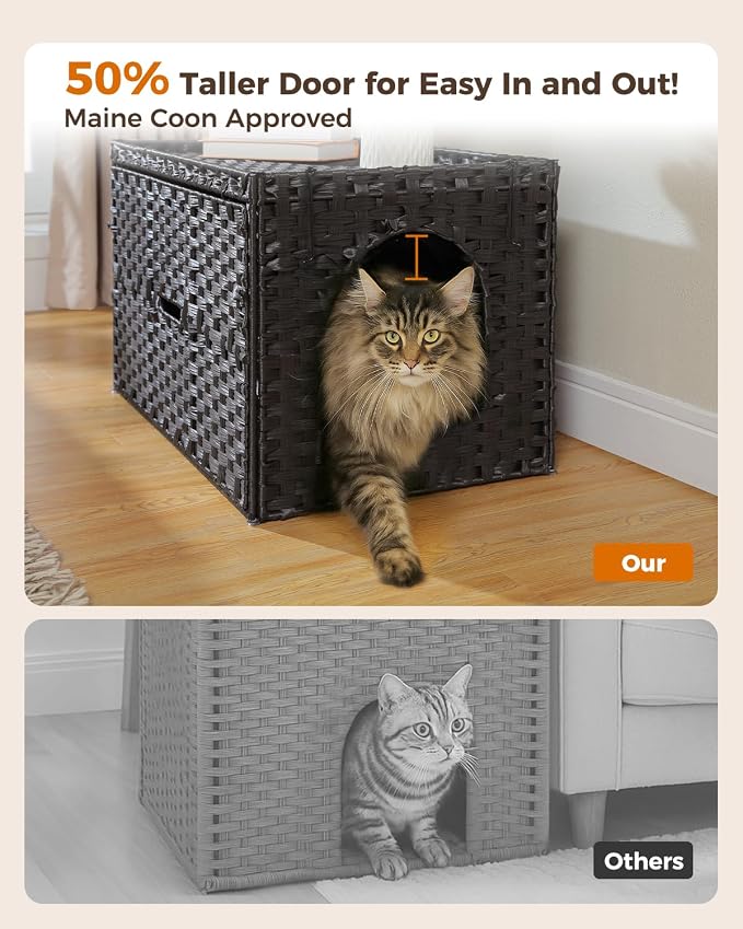 MUTTROS Rattan Cat Litter Box Enclosure - Hidden Litter Box Furniture by Handwoven Wicker with Taller Doorway & Raised Edge Mat-Cat House Cabinet for Large Cats Indoor Living Room Odor Control, Black