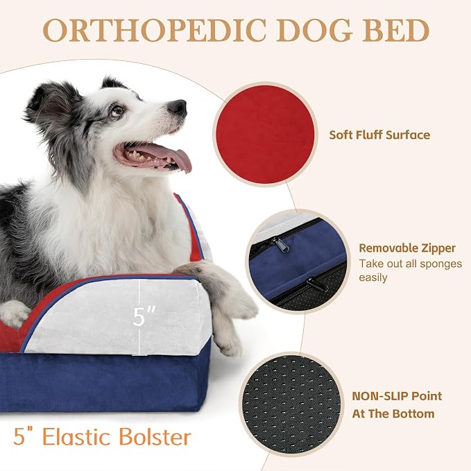 Comfort Expression Orthopedic Dog Bed for Large Dogs 36x27 Inch, Waterproof Egg Crate Foam Large Pet Bed with Bolsters, Dog Couch with Washable Cover & Non-Slip Bottom, American Flag 2