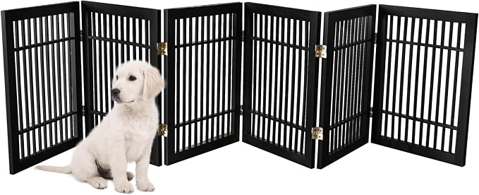 Urnporium Pet Dog Gate Freestanding, Strong Durable Folding Wooden Fence, Portable Acacia Hardwood Safety Barrier for Indoor & Outdoor Use (Black Pet Gate, 6 Panel 24" Tall)