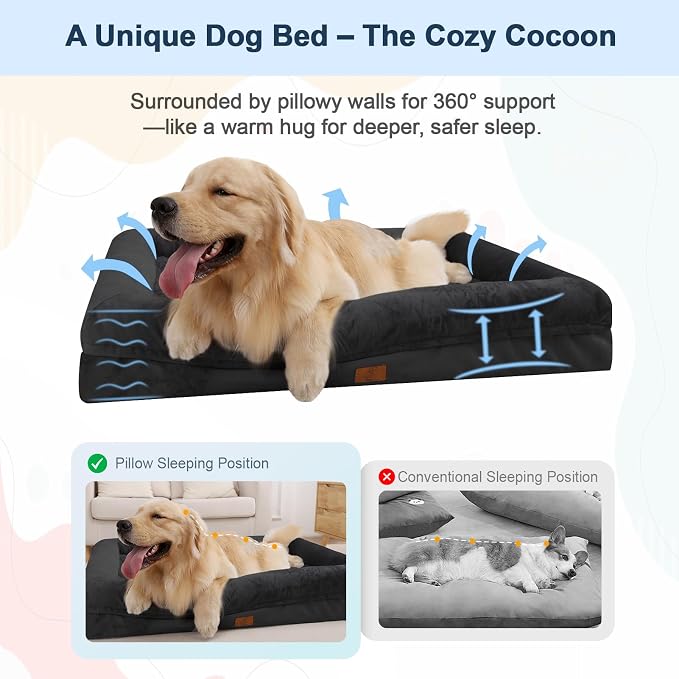 Yiruk XL Orthopedic Dog Bed for Large Dogs, Big Waterproof Dog Bed with Removable Washable Cover, 4-Sides Bolster Support Pet Couch Sofa with Non-Slip Bottom, Black