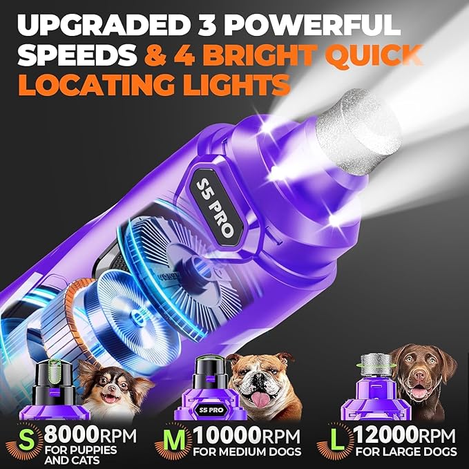 Whisper Quiet Dog Nail Grinder with 4 LED Lights, Safe & Stress-Free for Sensitive Dogs of All Breeds & Sizes, 3 Grinding Bits, 3-Speed, Pet Nail Trimmers, Rechargeable Painless Grooming Kit Purple