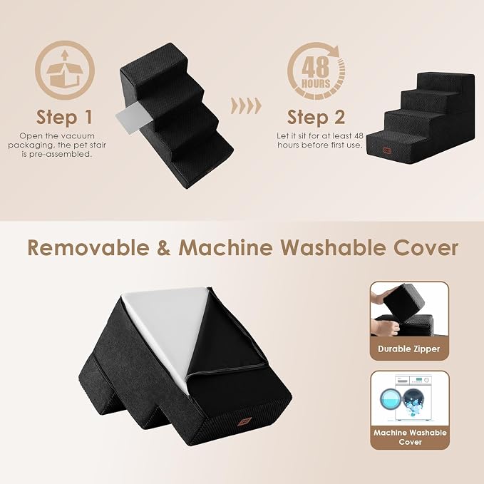 EHEYCIGA Dog Stairs for Bed 20" H, 4-Step Extra Wide Dog Steps for High Bed, Pet Steps for Small Dogs and Cats, Non-Slip Balanced Pet Ramp Indoor, Black