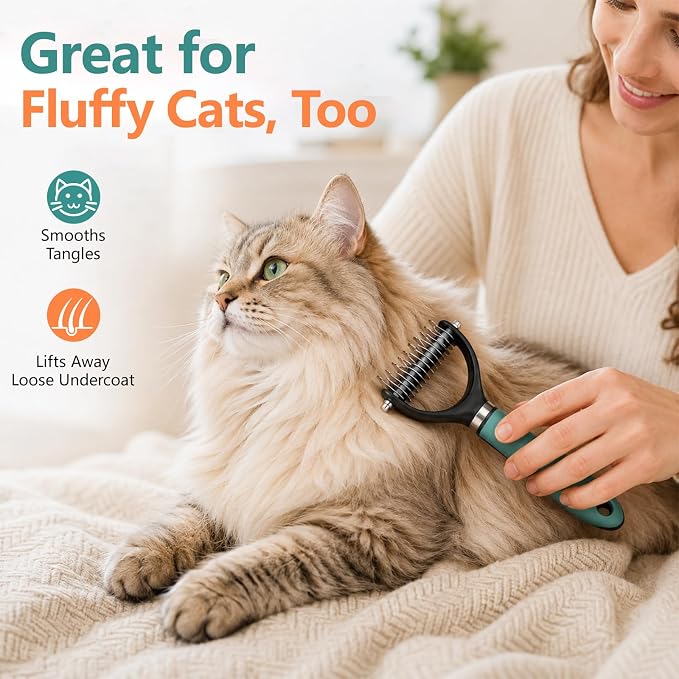 Dog Brush and Cat Deshedding Rake, Pet Grooming Tool for Shedding with Rounded Stainless Steel Teeth, Comfortable Grip for Long or Thick Coats (Orange)