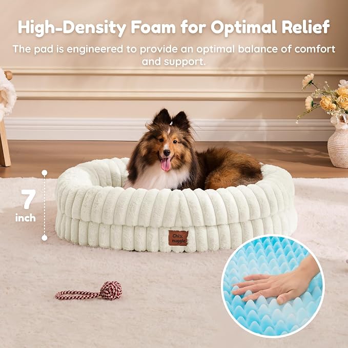 ChiXnuggle Orthopedic Dog Bed for Medium Dogs, Waterproof Faux Rabbit Fur Dog Couch with Egg Crate Foam Support and Washable Removable Cover, Bolster Pet Sofa with Non-Slip Bottom, 30x24x7, Cream
