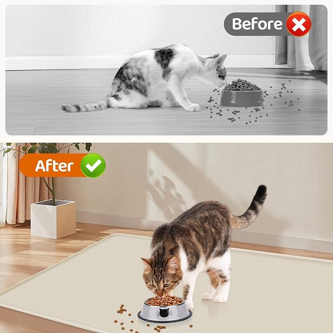 Cat Food Mat, 51" x 25.6" Extra Large Silicone Pet Feeding Mat with Raised Edge Pet Placemat for Food and Water Bowl Non-Slip, Easy to Clean, Floor Protection (Beige)