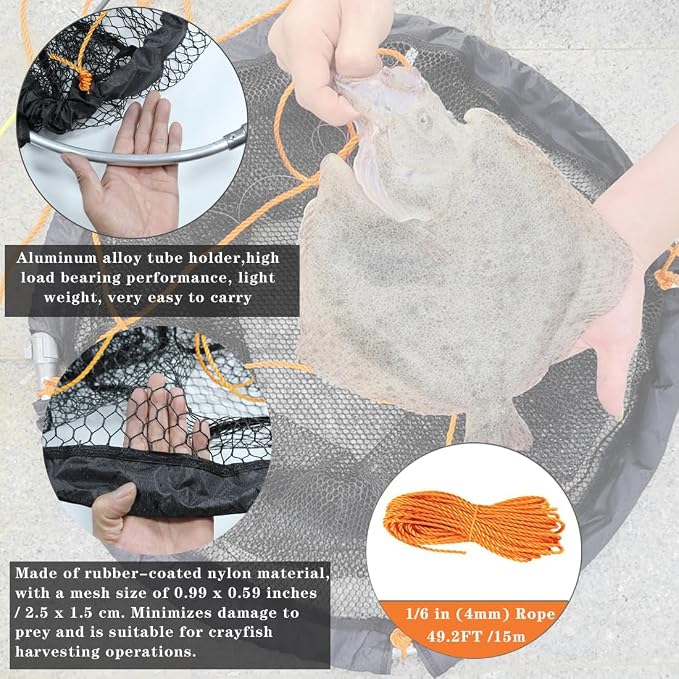 Drasry Large Collapsible Bridge Pier Fishing Net Landing Net with Rod, High Load Aluminum Ring Drop Net for Saltwater and Freshwater Pier Fishing Basket with 49.2 ft. Rope