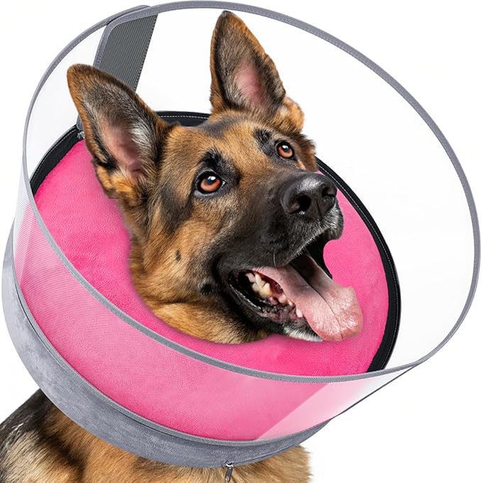 BARKLESS Dog Donut Collar, 2-in-1 Inflatable Dog Collars for After Surgery to Stop Licking Wounds, Patented Protective Donut Cone with High Shield for Large Pets (Hot Pink, L-Long)