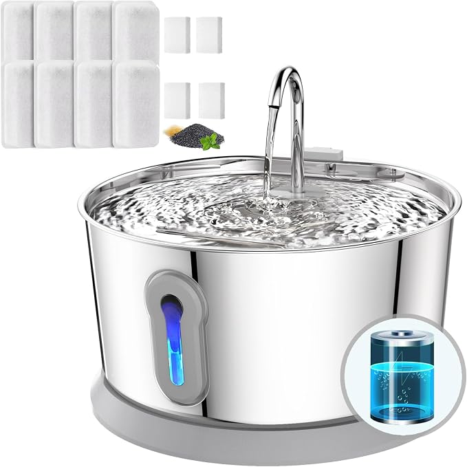 135oz/4L Battery Operated Cat Water Fountain & 8 Pack Replacement Filters & Sponges Set