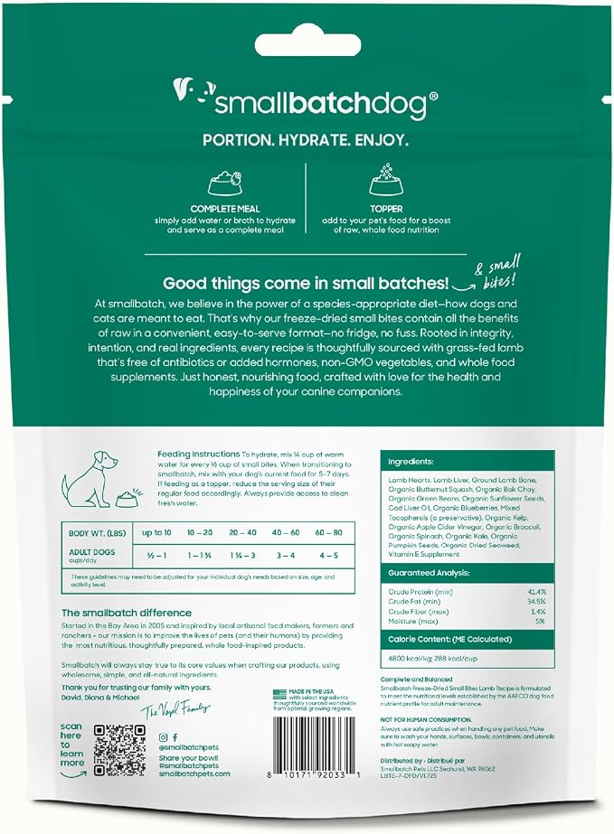 smallbatch Pets Freeze-Dried Raw Dog Food – Lamb Recipe – 7oz Small Bites – High Protein, Grain Free – Complete Meal or Topper – Made in USA with Organic Superfoods (7 Oz, Lamb)