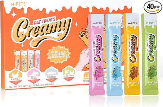 M-PETS Creamy Lickable Cat Treats – 4 Flavor Variety Pack, 40 Tubes of Healthy Squeeze Up Snacks with Functional Nutrients for Hydration, Skin & Coat, and Digestive Health – Grain Free, High Protein