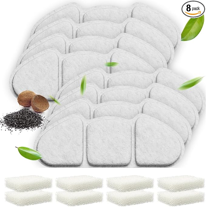 Veehoo 8 Pack Replacement Filters & 8 Pack Pre-Filter Sponges Set for 135oz 304 Stainless Steel Cat Water Fountain, 4 Months Set of Replacement Filters for Cat Fountain