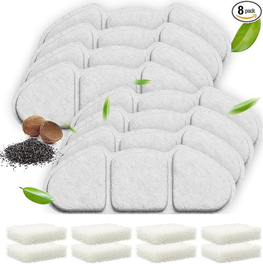 Veehoo 8 Pack Replacement Filters & 8 Pack Pre-Filter Sponges Set for 135oz 304 Stainless Steel Cat Water Fountain, 4 Months Set of Replacement Filters for Cat Fountain