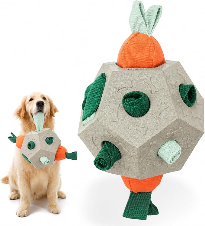 Dog Snuffle Ball - Upgrade Ball Interactive Puzzle Dog Toys, Foraging Truffle Pads Puppy Snack Dispenser Slow Feeder Suitable for Any Size Pet with Squeaky Carrot Toys (Apricot)