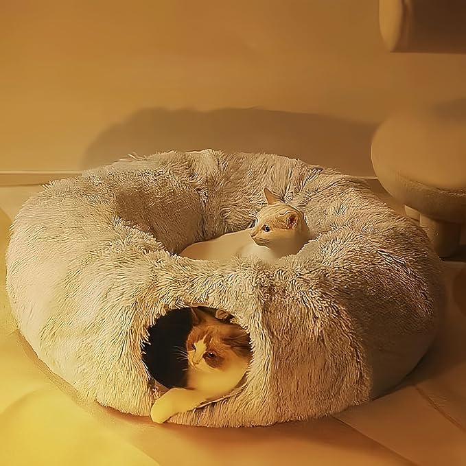 Cat Bed, cat Tunnel, Foldable Machine Washable Plush cat Bed, Grey (33.46 inches), with Hanging Toys, Suitable for Multiple