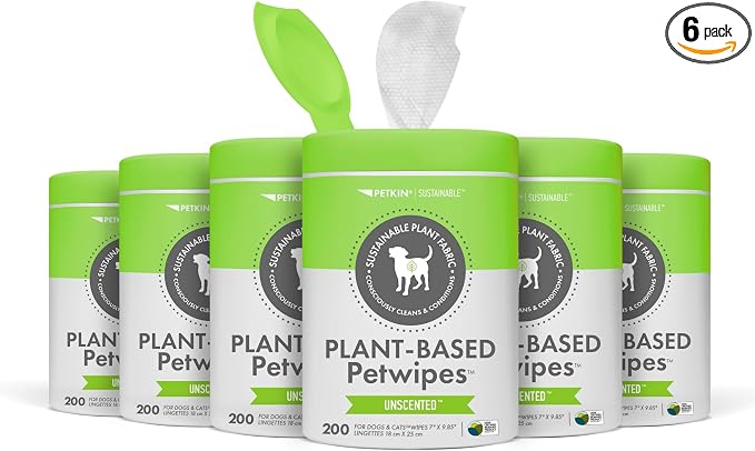 Petkin Plant-Based PetWipes, 200 Wipes, 6 Count - Biobased, Sustainable, Big & Thick Pet Wipes for Dogs & Cats - for Face, Paws, Ears, Body & Eye Area - Consciously Cleans & Conditions - Unscented