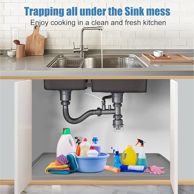 BEESVO Under Sink Mat for Kitchen Waterproof, 28" x 19" Silicone Under Sink Liner Kitchen & Bathroom Cabinet Protector Mats, Heavy Duty Flexible Under Sink Drip Tray with Lip, Cool Grey