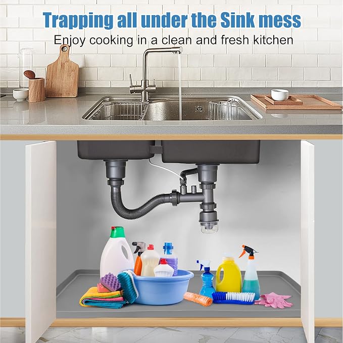 BEESVO Under Sink Mat for Kitchen Waterproof, 22" x 19" Silicone Under Sink Liner Kitchen & Bathroom Cabinet Protector Mats, Heavy Duty Flexible Under Sink Drip Tray with Lip, Cool Grey